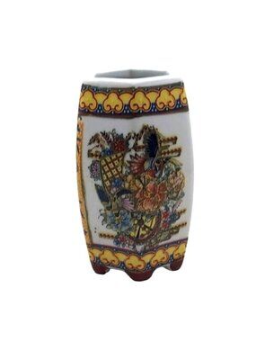 Vintage Japanese Satsuma-Style Moriage Barrel Shaped Bud Vase Brush Pot